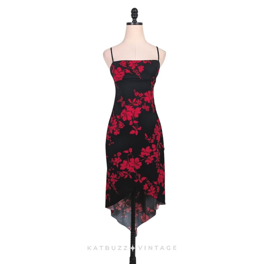 Vintage Midi Dress M Red Black 90S Y2K Babydoll Asymmetric Slip Hoco Grunge